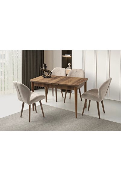 Evistro Kelebek Ceviz Renk Ahşap Salon Yemek Masa Sandalye Takımı 4 Sandalyeli Ortadan Açılır Büyüyen 60x100