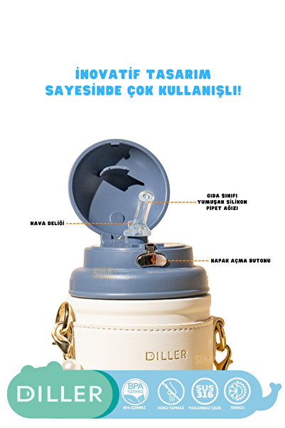 DILLER 580ml New Collection Fashion Leather Sheathed Pearl Decorated Stainless Steel Thermos Flask with Straw and Strap