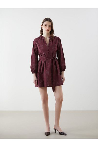 LC Waikiki Γυναικείο φόρεμα LCW Vision Claret Red με αυτοσχεδιασμένο γιακά με κέντημα