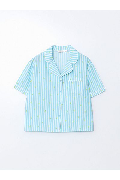 LC Waikiki Lcw Dream Blue Shirt Collar Striped Women's Pajama Set with Shorts