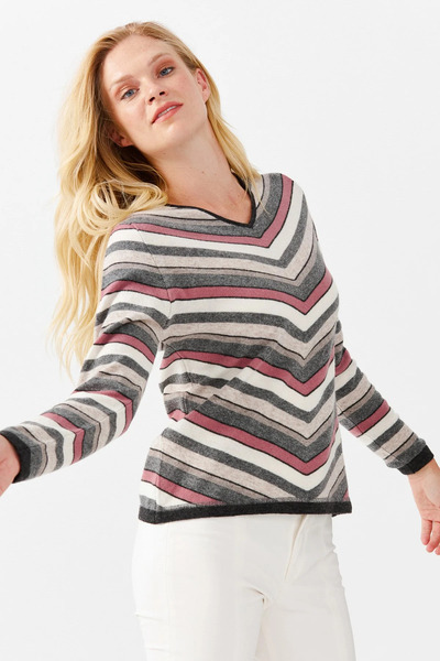 Desen Triko Γυναικείο πουλόβερ με ριγέ V λαιμόκοψη Dark Smoked