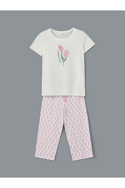 LC Waikiki Σετ γυναικεία πιτζάμες Capri LCW DREAM Pink Crew Neck Floral