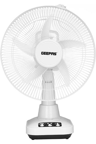 Geepas GF21118 12'' Rechargeable Fan: 2 Speed, 6 hrs Run Time, 24 Hours LED Light, 5000 mAh Battery.