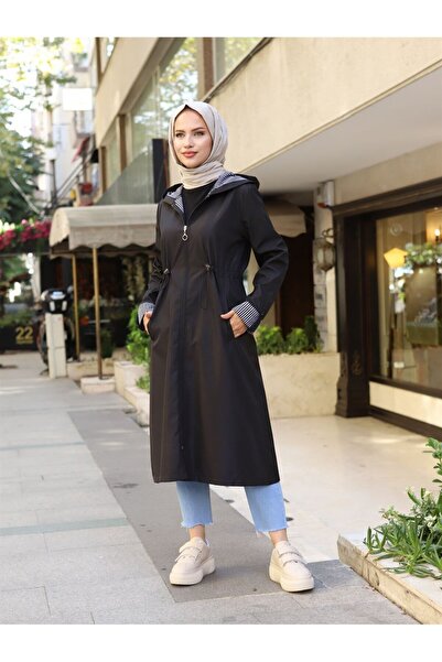 HARMONY GLOBAL Kadın Siyah Bileği Ve Içi Çizgili Kapüşonlu Bondip Uzun Trençkot Kap