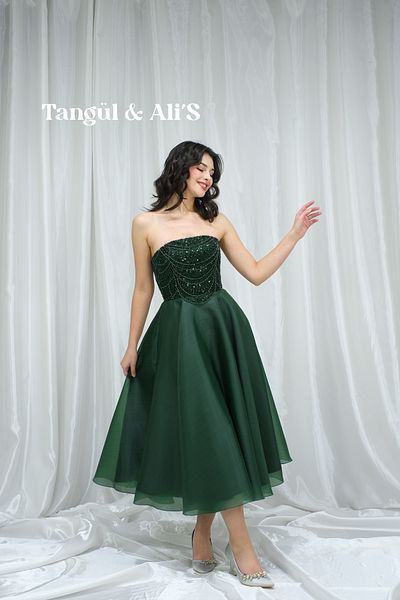 Tangül&Ali'S Moda Evi Stone Embroidered Strapless Emerald Green Midi Dress