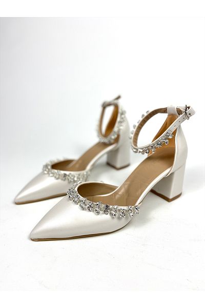 Gloriys Ayakkabı & Çanta Mother of Pearl Stone 6 cm Thick Heeled Shoes 01330 Evening Dress Shoes - Wedding Dress Shoes