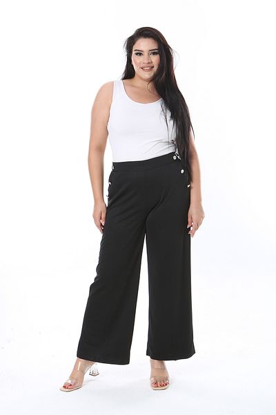 Şans Women's Large Size Black Back Elastic Waist Wide Leg Pants with Side Pockets 65N38810