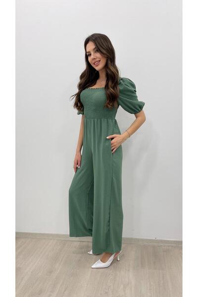 Nazline Kadın Kare Yaka Ön Arka Gipeli Balon Kol Airobin Kısa Kol Uzun Tulum