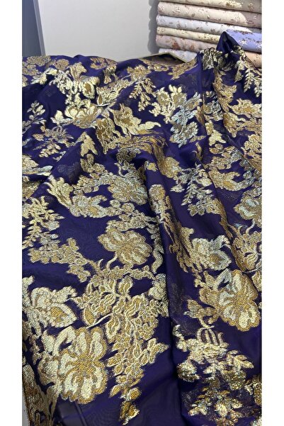 Prime Tekstil Altın İşlemeli Çiçek Desenli Yarı Transparan Polyester Şifon Ja...