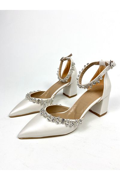 Gloriys Ayakkabı & Çanta Mother of Pearl Stone 6 cm Thick Heeled Shoes 01330 Evening Dress Shoes - Wedding Dress Shoes