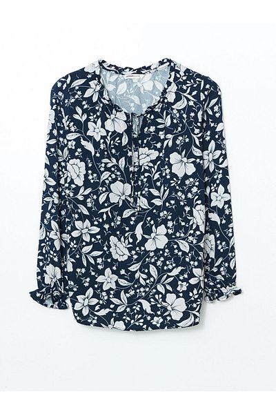 LC Waikiki Lcw Grace Navy Blue Lace-Up Collar Floral Women's Blouse