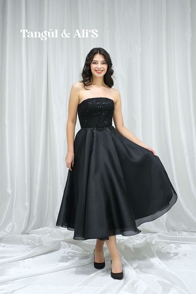 Tangül&Ali'S Moda Evi Stone Embroidered Strapless Black Midi Dress