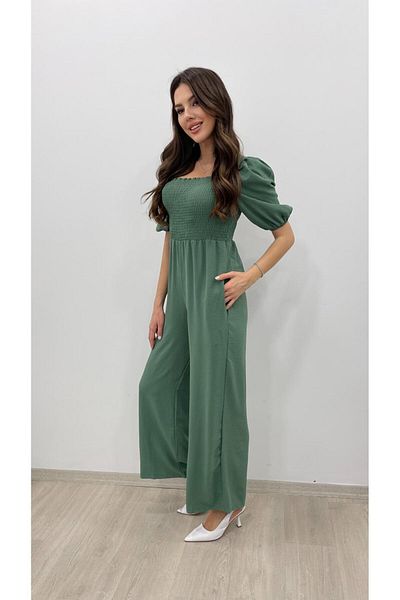 Nazline Women's Square Neck Front Back Gimped Balloon Sleeve Airobin Short Sleeve Long Jumpsuit
