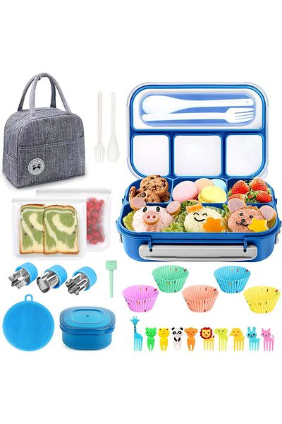 COOYA Lunch Box Set Sauce Jar, Spoon Fork, Fruit Stick, Leak-proof Box With Insulated Lunch Bag