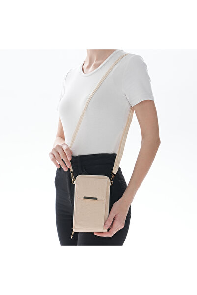 MODA Kadın Krem Desenli Telefon Bölmeli Mini Çapraz Askılı Cüzdan Çanta