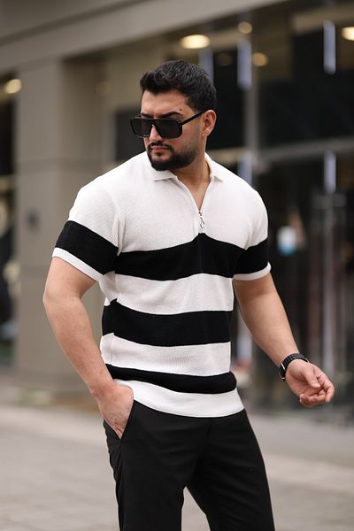 Know Λευκό μπλουζάκι πλεκτό με μισό φερμουάρ Polo γιακά
