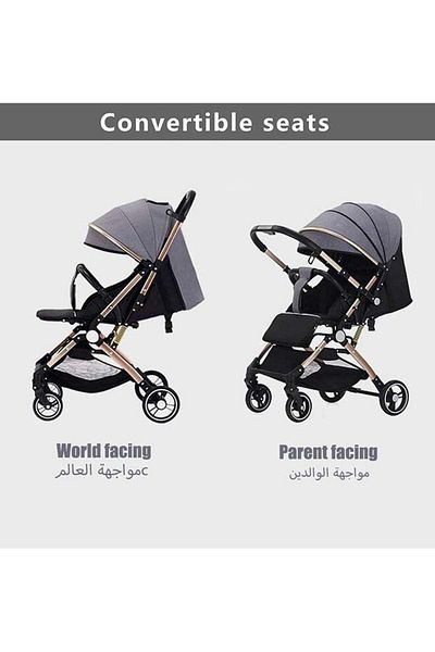 BabyCara Reversible Baby Stroller For Travel With Wide Canopy, High Landscape Golden Frame, Big Basket