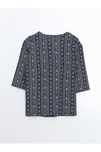 LC Waikiki Lcw Grace Navy Blue Lace-Up Collar Print Women's Blouse