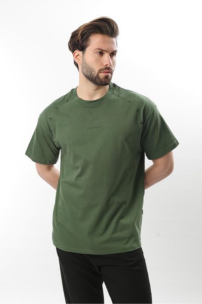 Madmext Ανδρικό T-shirt με Χακί Κέντημα Λεπτομέρεια E7108