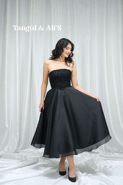 Tangül&Ali'S Moda Evi Stone Embroidered Strapless Black Midi Dress