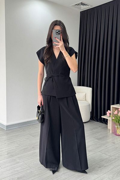ECEMİ Bella Lacing Detail Black Vest Trousers Suit