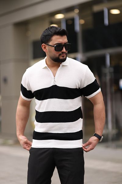 Know Λευκό μπλουζάκι πλεκτό με μισό φερμουάρ Polo γιακά