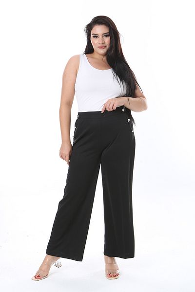 Şans Women's Large Size Black Back Elastic Waist Wide Leg Pants with Side Pockets 65N38810