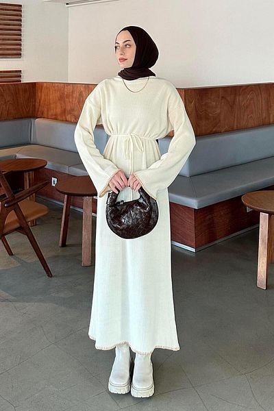 lamelif.com Ribbed Sleeves and Hem Cuffed Knitwear Hijab Dress Cream