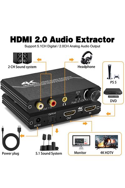 lieve Black 4k 60hz Hdmi 2.0 Audio Extractor Optical Toslink Spdif 5.1ch R/l 4k Hdmi To Spdif R/l 3.5mm 18
