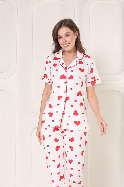 Elit Women's White Buttoned Ribbed Knitted Short Sleeve Red Little Heart Pajama Set
