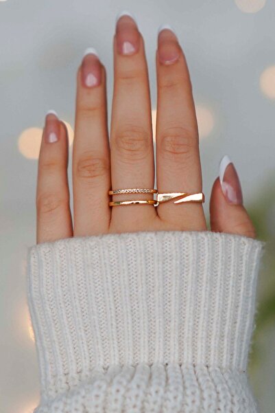 TREND COLLECTİON Sıra Taşlı Ayarlanabilir 2'li Gold Kadın Yüzük