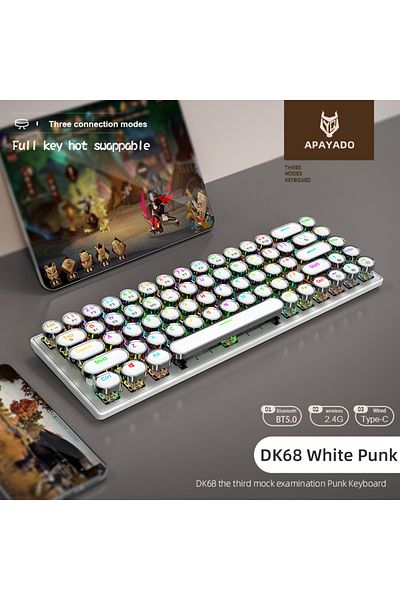 Choice لوحة مفاتيح ميكانيكية لاسلكية White Punk DK68 Punk من APAYADO بإضاءة RGB ديناميكية، 68 مفتاحًا، بلوتوث ثلاثي
