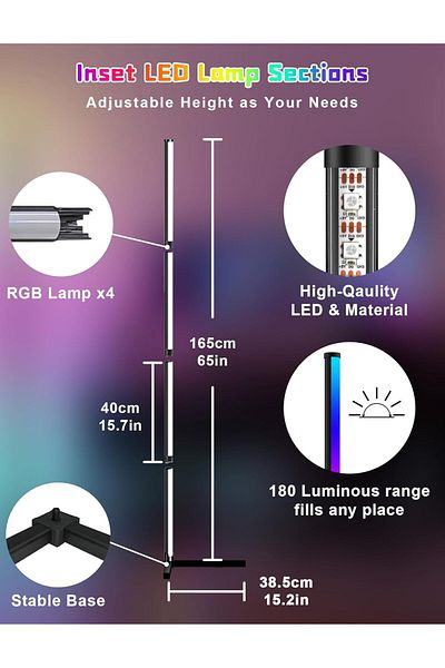 COOYA مصباح أرضي ذكي RGB مقاس 65 بوصة، مصباح LED قابل للتعتيم مع مزامنة الموسيقى وتغيير الألوان والتحكم عن بعد من خلال التطبيق