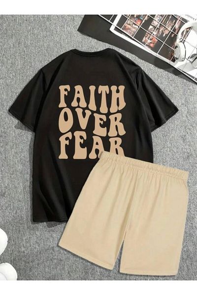BYMEER Beige Black Back Faith over Printed Shorts T-Shirt Set