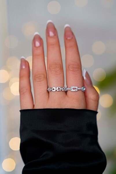 The Collection Set of 2 Zircon Stone Chain Model Silver Adjustable Women's Ring Set (2 Rings)