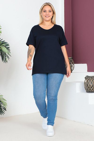 tarzımsüper Plus Size New Season Comfort Model Crew Neck Short Sleeve Combed Cotton Slit Tunic T-Shirt