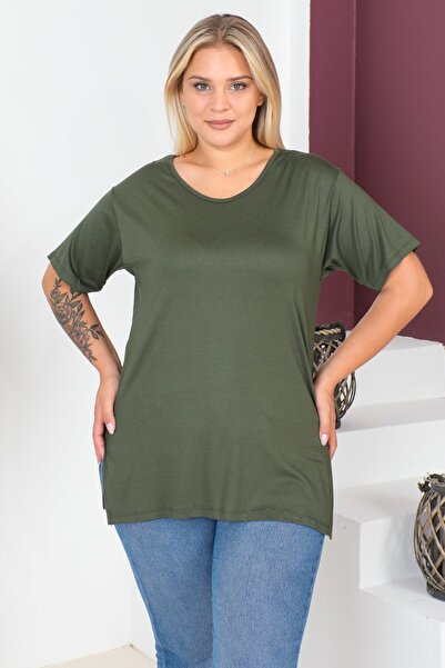 tarzımsüper Plus Size New Season Comfort Model Crew Neck Short Sleeve Combed Cotton Slit Tunic T-Shirt