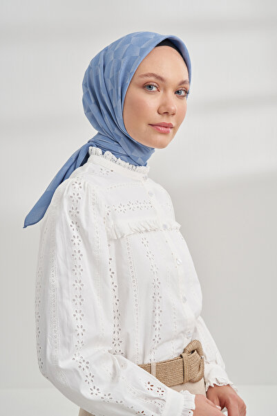 ARMANDA COTTON MONOGRAM GEOMETRİK DESEN EŞARP - KOT MAVİSİ