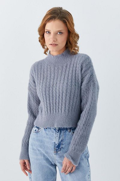 Mixray Women's Bearded Crop Knitwear Sweater, Gray Colored Hair Braid