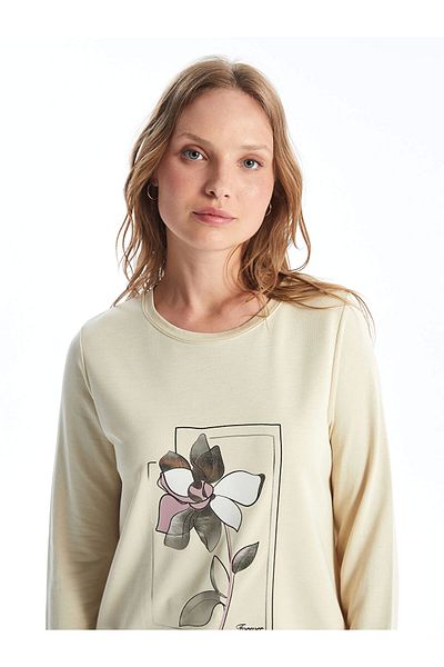 LC Waikiki Γυναικείο φούτερ Lcwaikiki Basic Beige Crew Neck με στάμπα