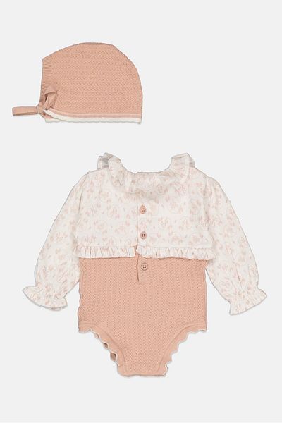 Rock A Bye Baby Boutique Toddlers Girl 2 Pieces Floral Print Bodysuit And Cap Set, Rose Gold