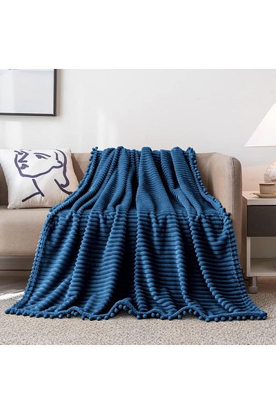COOYA Fleece Blanket Twin Size – 51x63, Blue with Pompom Fringe - Flannel Blanket Throw Blanket