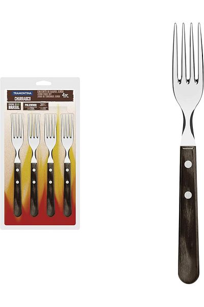 TRAMONTINA Since 1911, Made In Brazil - Churrasco 4 Pieces Stainless Steel Jumbo Steak Fork Set