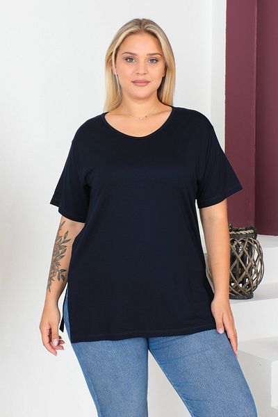 tarzımsüper Plus Size New Season Comfort Model Crew Neck Short Sleeve Combed Cotton Slit Tunic T-Shirt