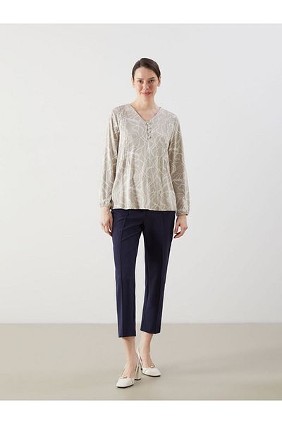 LC Waikiki Lcw Grace Beige V Neck Print Women's Blouse