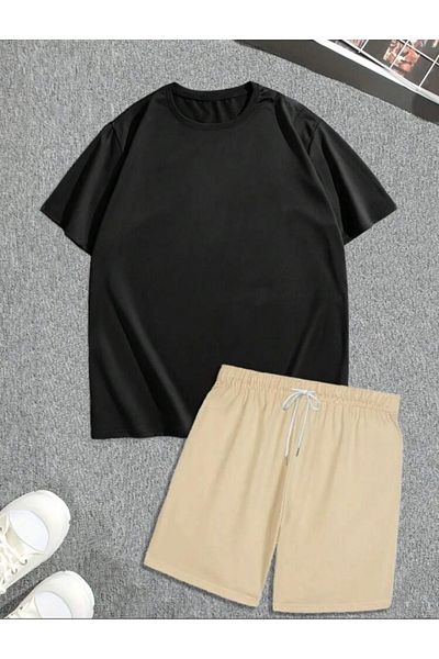 BYMEER Beige Black Back Faith over Printed Shorts T-Shirt Set