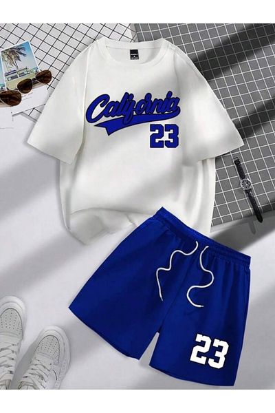BYMEER White Blue California 23 Printed Shorts T-Shirt Set