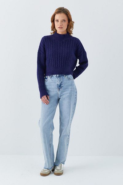 Mixray 6893 Women's Braided Beard Crop Knitwear Sweater Navy Blue