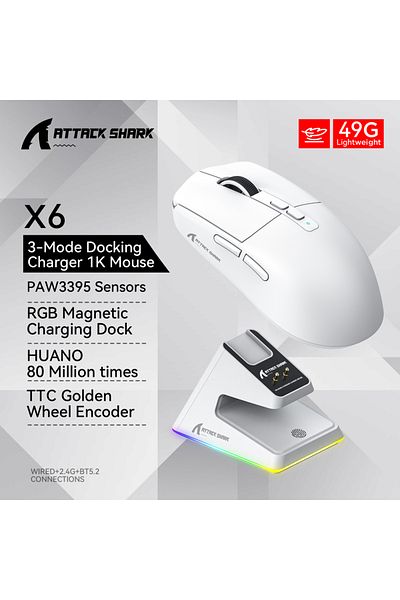 Choice White Attack Shark X6 PAW3395 Bluetooth Mouse,Tri-Mode Connection,RGB Touch Magnetic Charging Base,M