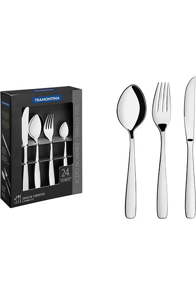 TRAMONTINA Since 1911, Made In Brazil - Stainless Steel Flatware Set Cutlery 24 Pieces With Serrated Edges